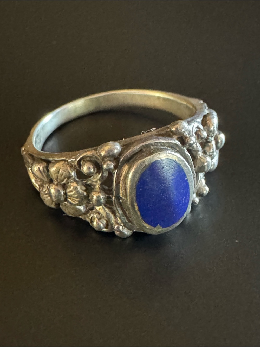 Vintage Sterling Silver Floral Cobalt Enamel Ring - Size 5.75